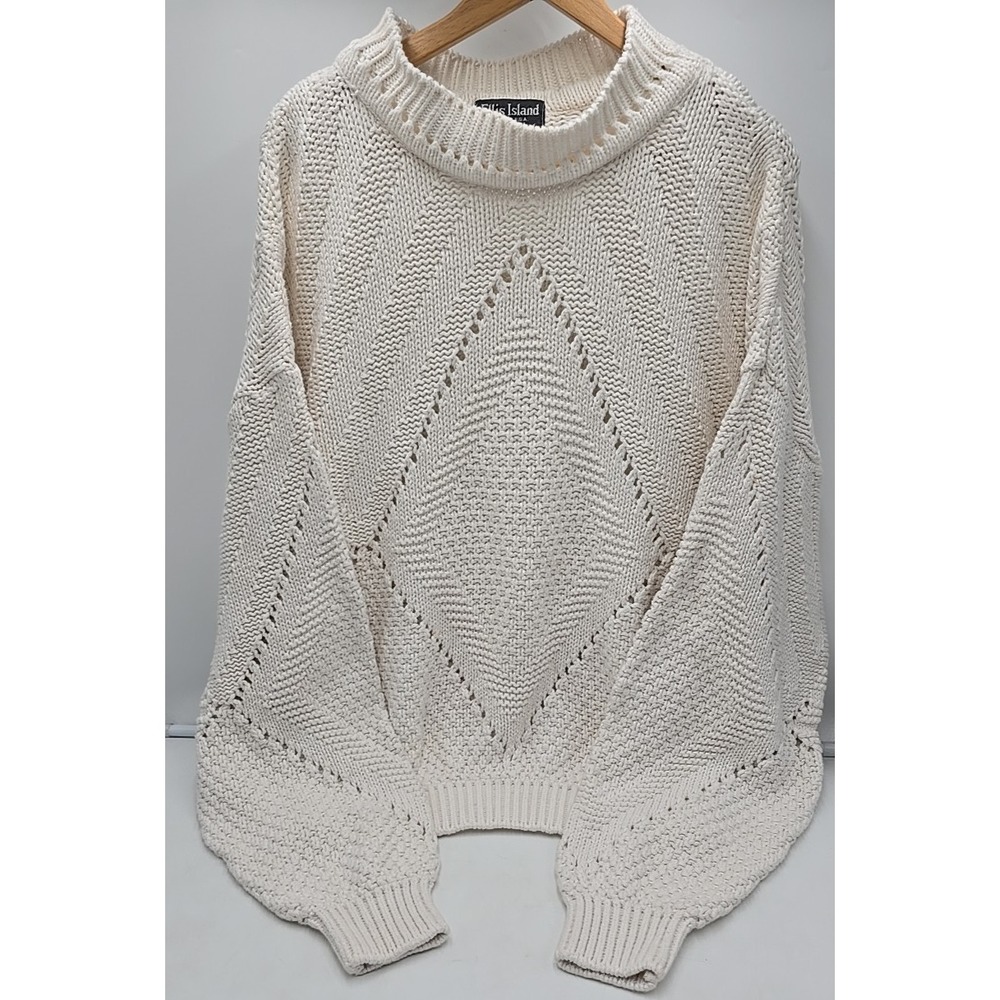 Vintage Ellis Island XL Cream Diamond Stitching Chunky Cozy Oversized Sweater - Picture 2 of 8